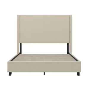 Merrick Lane Bramlett Modern Platform Bed - Beige Faux Linen - Queen - Padded Wingback Headboard - 3" Floor Clearance - Wood Support Slats - No Box Spring Needed