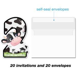 20 Cow 2nd Birthday Party Invitations with Envelopes Double Sided Farm Cow Shaped Fill-in Invitations Invites for 2 Year Old