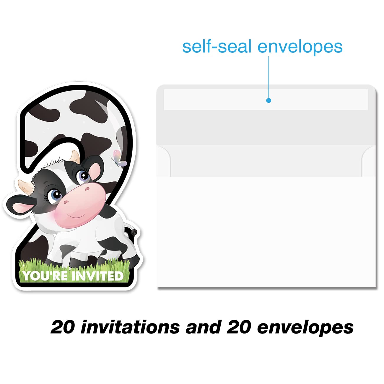 20 Cow 2nd Birthday Party Invitations with Envelopes Double Sided Farm Cow Shaped Fill-in Invitations Invites for 2 Year Old