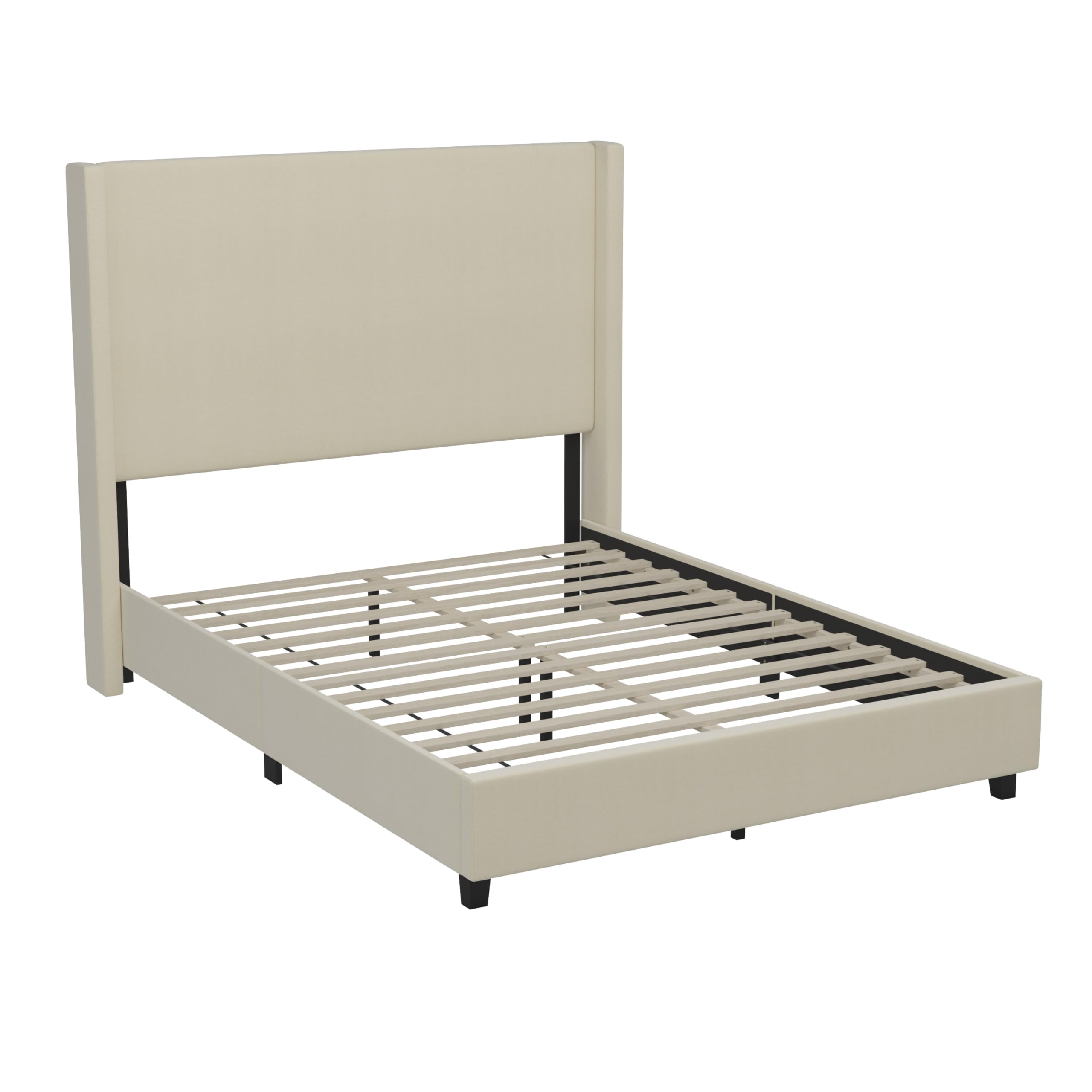 Merrick Lane Bramlett Modern Platform Bed - Beige Faux Linen - Queen - Padded Wingback Headboard - 3" Floor Clearance - Wood Support Slats - No Box Spring Needed