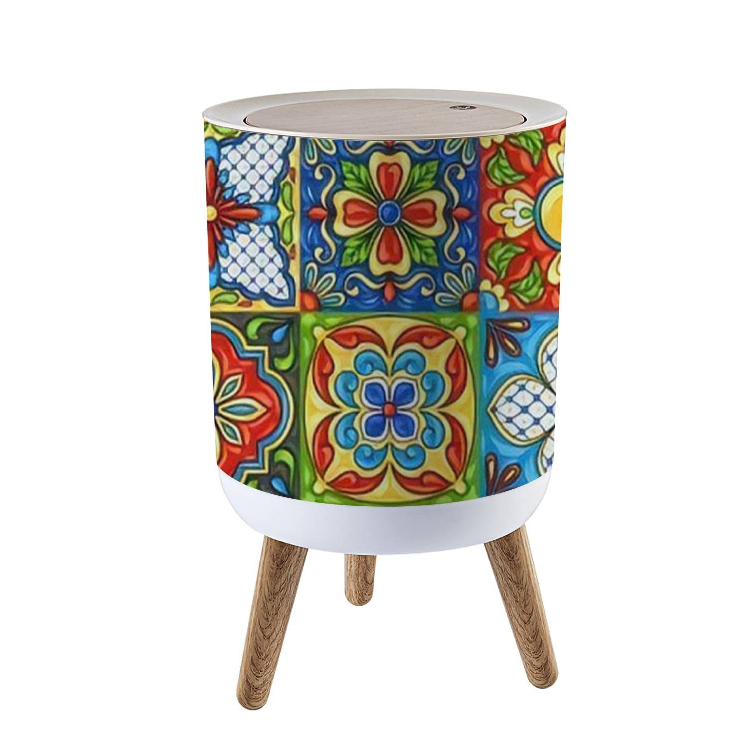 LOPYEIJFG Mexican Talavera Ceramic Tile Ethnic Folk Ornament Italian Pottery Trash Can with Lid Kitchen Bathroom Bedroom 1.8 Gallon Press Cover Wastebasket Office Wood Small Garbage Bin Waste Bin