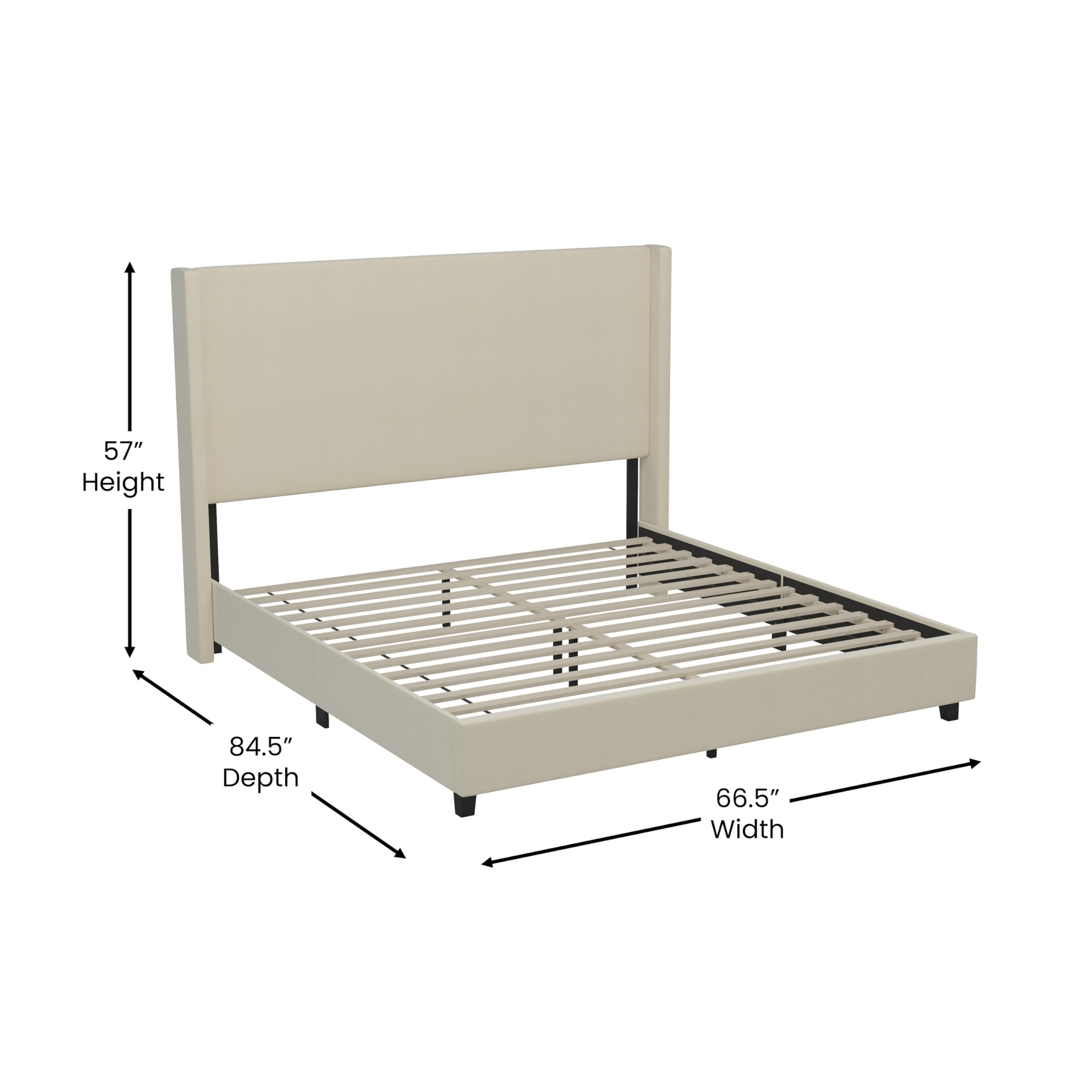 Merrick Lane Bramlett Modern Platform Bed - Beige Faux Linen - Queen - Padded Wingback Headboard - 3" Floor Clearance - Wood Support Slats - No Box Spring Needed