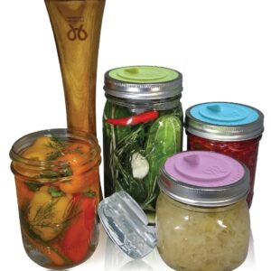 Canning kit. Complete DIY fermentation kit for wide mouth mason jars or pickling jars for 7 sets. Glass weights, tamper, airlock lids, and recipe included.