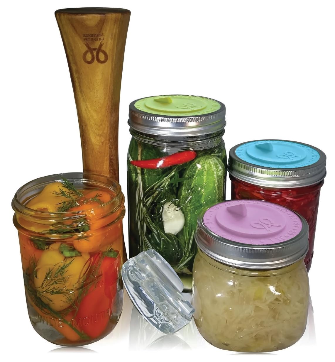 Canning kit. Complete DIY fermentation kit for wide mouth mason jars or pickling jars for 7 sets. Glass weights, tamper, airlock lids, and recipe included.