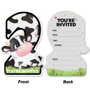 20 Cow 2nd Birthday Party Invitations with Envelopes Double Sided Farm Cow Shaped Fill-in Invitations Invites for 2 Year Old