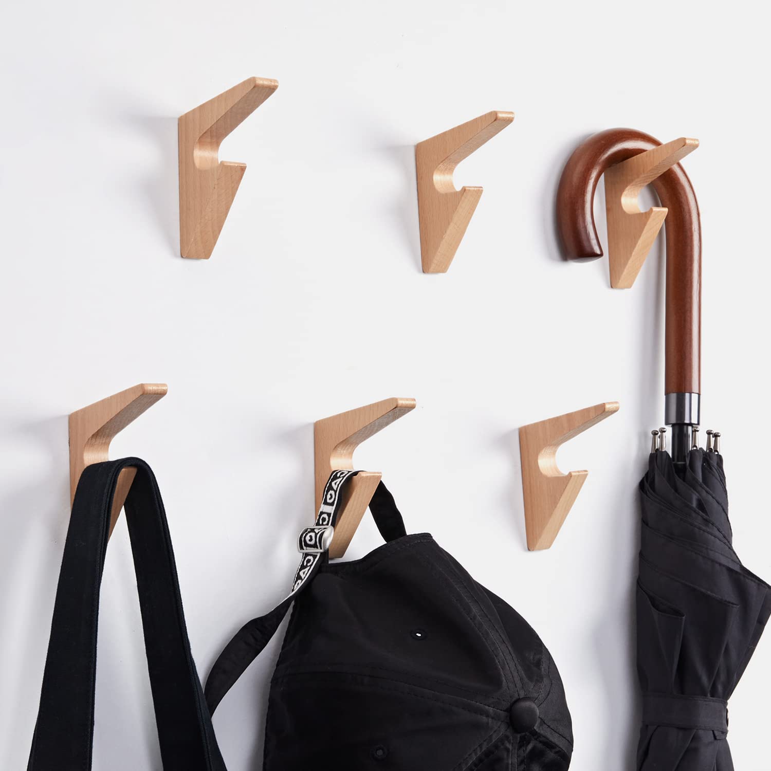 Wall Hooks 10Pack Wood Hat Hooks Coat Rack Wall Mounted Extended Wooden Pegs for Hanging Keys, Cups, Baseball Caps, Pictures, Hat Hangers Rack (Triangle-Beech, 10Pack)