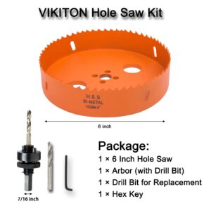 VIKITON 6 Inch Hole Saw with Arbor for Metal Wood and Plastic Cutting, 152mm Bi-Metal Hole Cutter for Different Project with Smooth and Flat Drilling Edge, Fast Chip Removal, Handy Hole Saw Kit Set