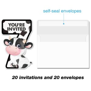 20 Cow 7th Birthday Party Invitations with Envelopes Double Sided Farm Animal Cow Shaped Fill-in Invitations Invites for 7 Year Old