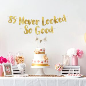 85 Never Looked So Good Gold Glitter Banner - 85th Birthday Party Decorations