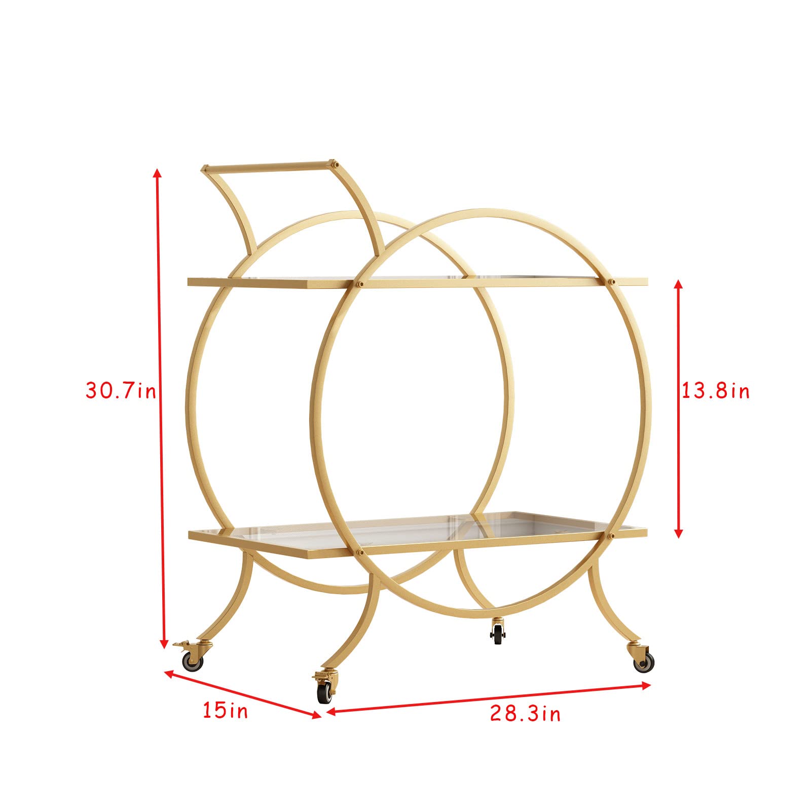 LORMITER Gold Bar Carts for The Home Bar Serving Cart, Rolling Bar Cart Gold with Lockable Caster Wheels, Glass Bar Carts with 2 Mirrored Shelves, Storage Round Wine Carts for Kitchen, Party