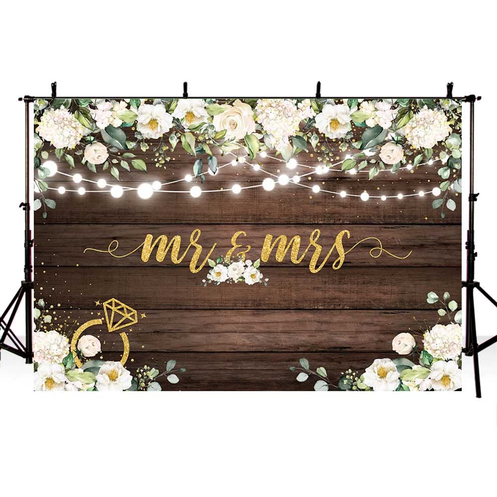 AIBIIN 7x5ft Mr & Mrs Backdrop for Wedding Bridal Shower Rustic Wooden White Flowers Photography Background Wedding Bachelorette Party Decirations Banner Photo Booth Props