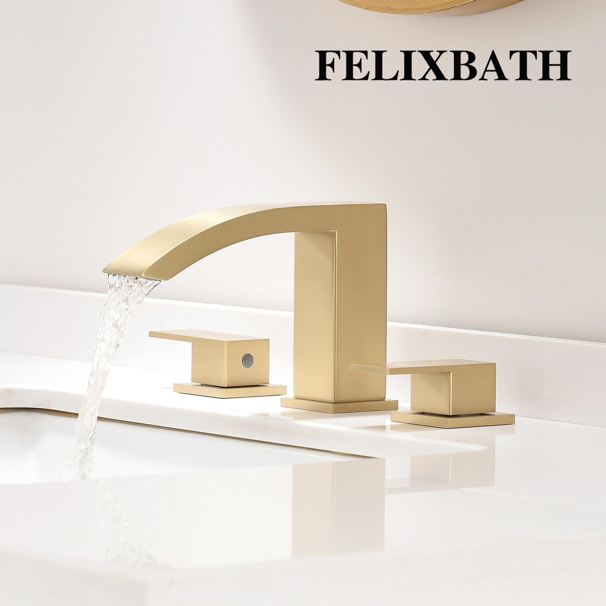 FELIXBATH Waterfall Bathroom Sink Faucet, 3 Holes Two Handles Bathroom Faucet with Pop Up Drain and 2 Water Supply Lines, 8 inch Widespread Bathroom Sink Faucet Brushed Gold