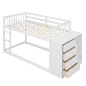 Harper & Bright Designs Twin Over Twin Bunk Bed with Storage, Wood Floor Bunk Beds with 4 Drawers and 3 Shelves, Low Bunk Bed, Twin Loft Bed for Kids, Girls Boys, Teens, Adults (White)