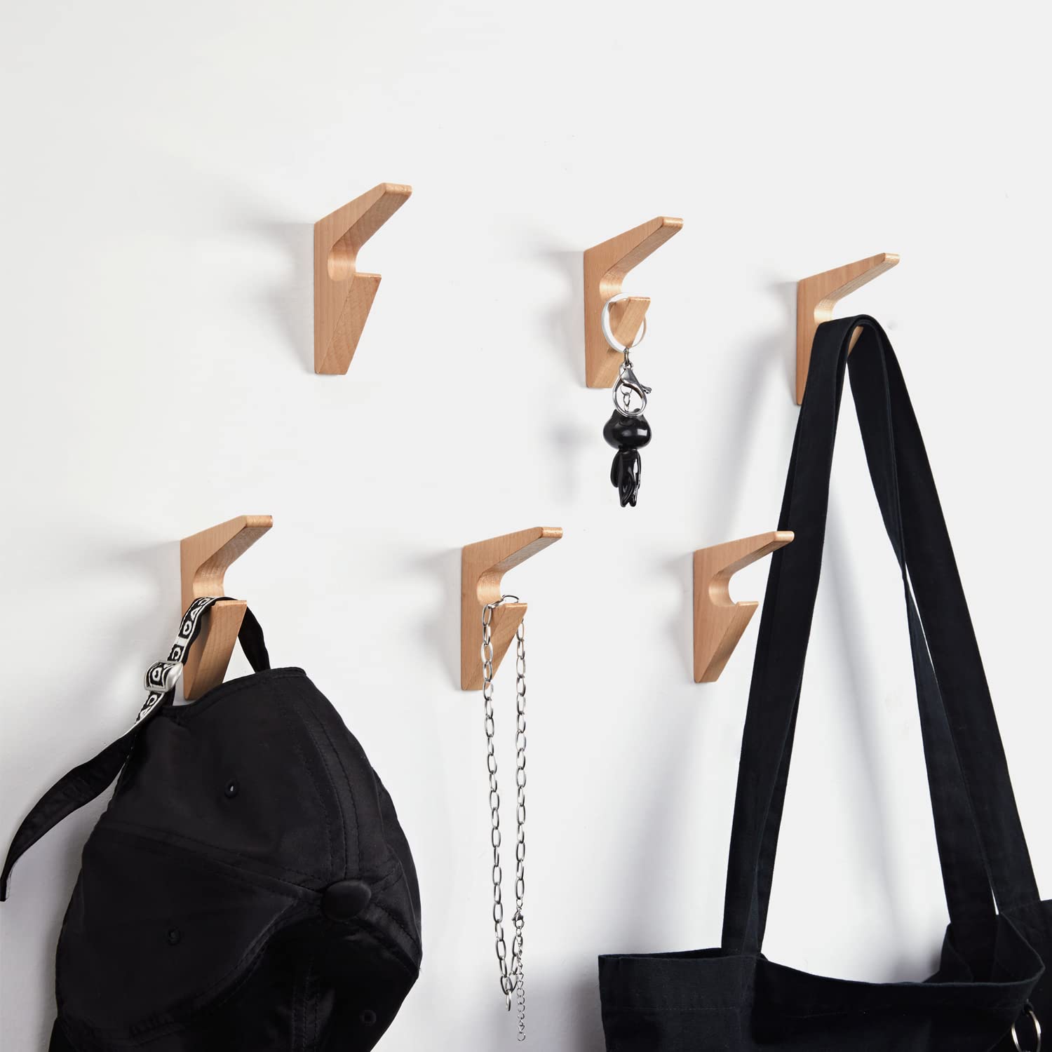 Wall Hooks 10Pack Wood Hat Hooks Coat Rack Wall Mounted Extended Wooden Pegs for Hanging Keys, Cups, Baseball Caps, Pictures, Hat Hangers Rack (Triangle-Beech, 10Pack)