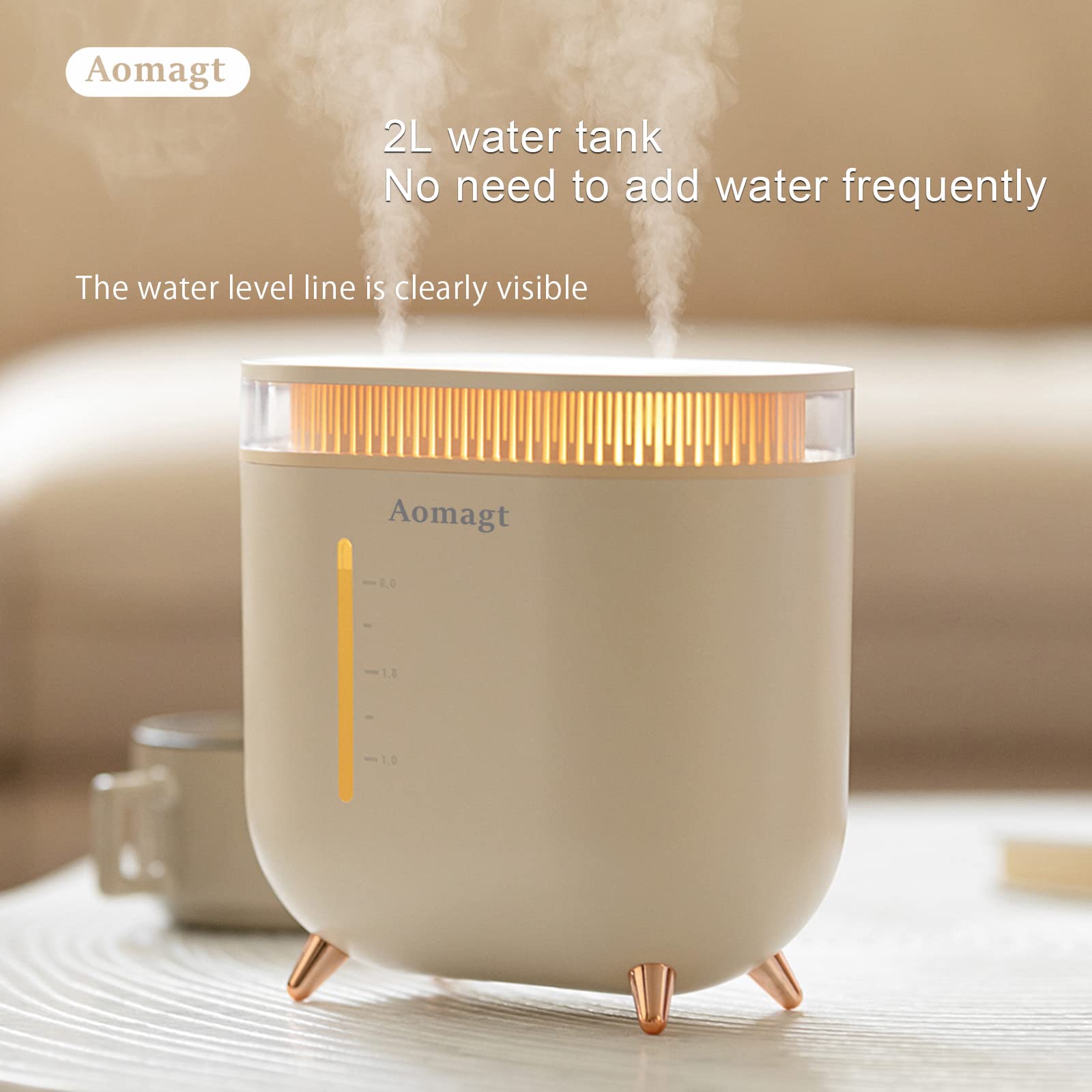 Aomagt Humidifiers for Bedroom, Nursery, Office, Plants,2L Cool Mist, Auto-Shut Off, Super Quiet, Brilliant 7 Colors Light, Top Fill, Lasts Up To 25 Hours,Easy to Clean