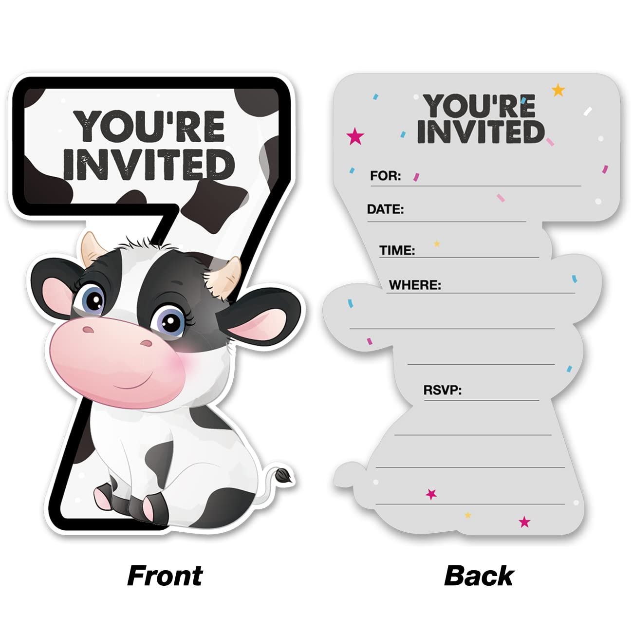 20 Cow 7th Birthday Party Invitations with Envelopes Double Sided Farm Animal Cow Shaped Fill-in Invitations Invites for 7 Year Old