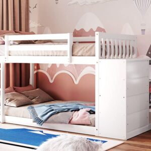 Harper & Bright Designs Twin Over Twin Bunk Bed with Storage, Wood Floor Bunk Beds with 4 Drawers and 3 Shelves, Low Bunk Bed, Twin Loft Bed for Kids, Girls Boys, Teens, Adults (White)