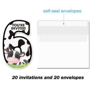 20 Cow 6th Birthday Party Invitations with Envelopes Double Sided Farm Animal Cow Shaped Fill-in Invitations Invites for 6 Year Old