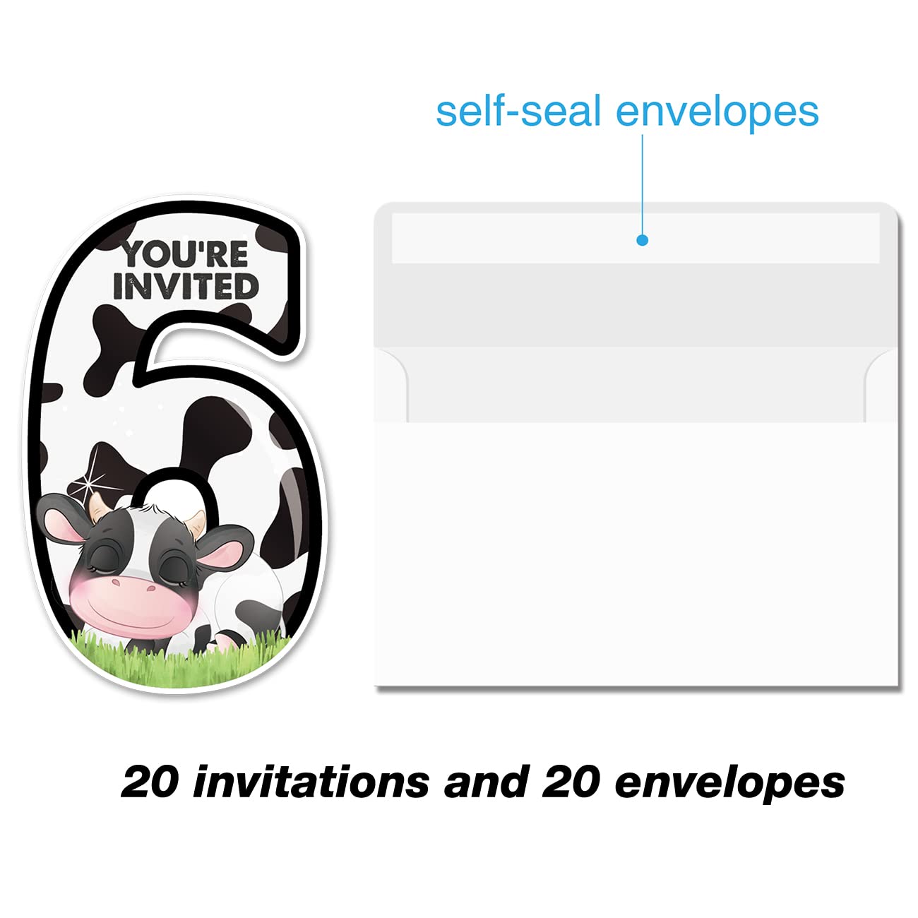 20 Cow 6th Birthday Party Invitations with Envelopes Double Sided Farm Animal Cow Shaped Fill-in Invitations Invites for 6 Year Old