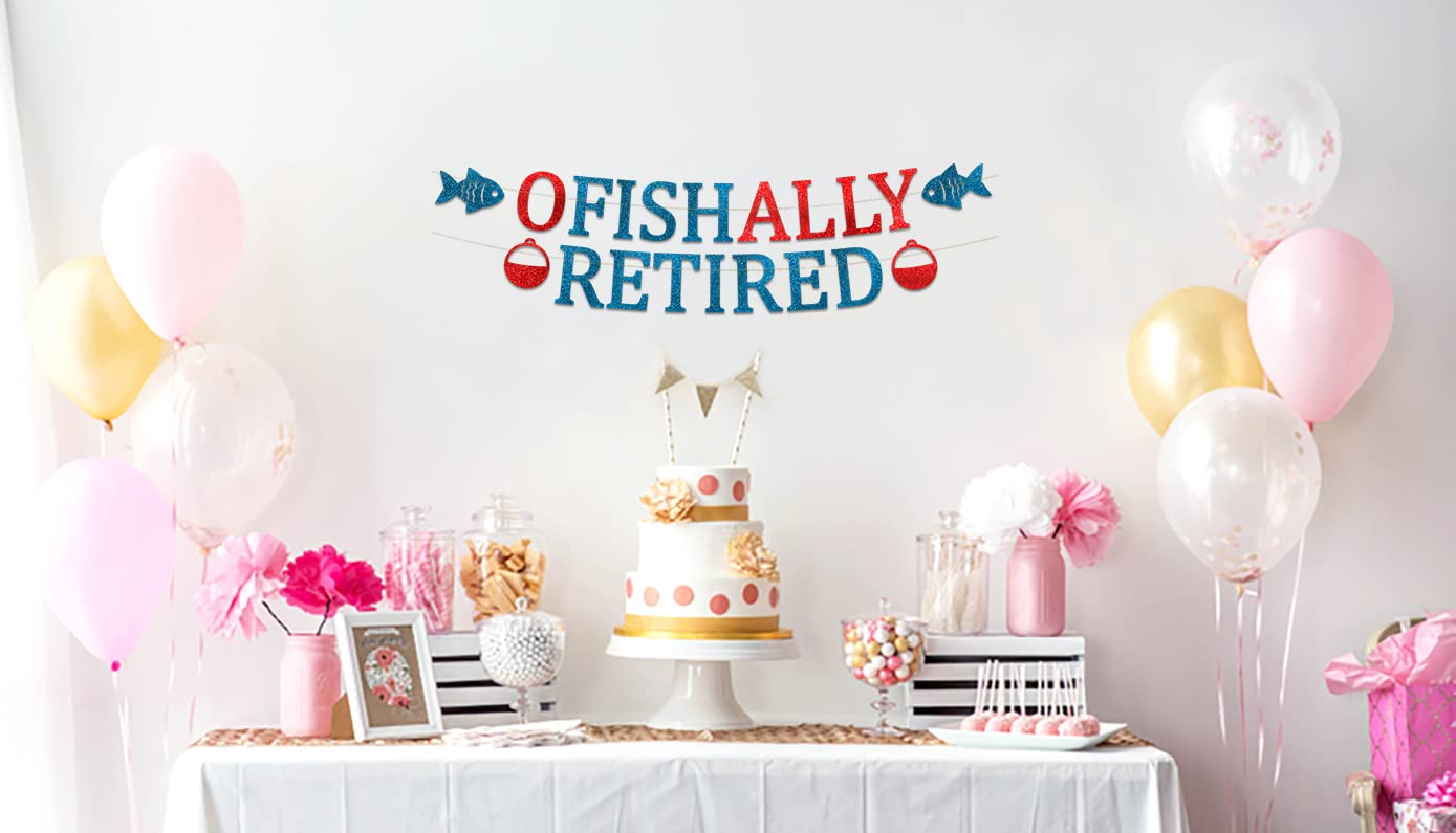 Ofishally Retired Glitter Banner - Funny Retirement Party Supplies, Gifts and Decorations - Fishing Gift - Fishing Themed Party