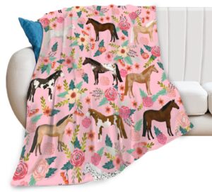 horse blanket gifts for girls women cute horses flowers flannel fleece throw blanket soft warm fuzzy pink blanket for horse lovers decor bed couch living room for kids 50"x40"