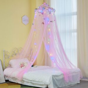 fiobee bed canopy for girls room bed canopy curtains with led lights mosquito net diy princess room décor with stars butterflies for kids bedroom, hot pink