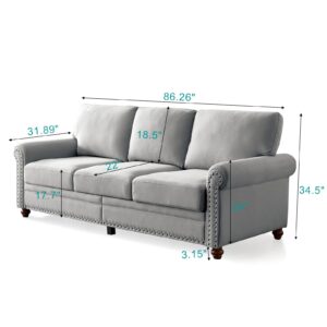 CALABASH 3 Seater Couch Sofa, Modern Upholstered Sofa with Classic Nails & Seat Cushion Backrest Removable for Living Room, Bedroom, Apartment, 83Inch(Grey Fabric)