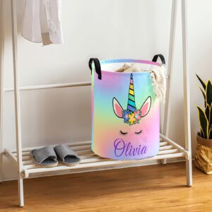 Unicorn Laundry Basket, Personalized Baby Laundry Basket, Custom Rainbow with Handles Foldable Waterproof Storage Basket with Girls Name