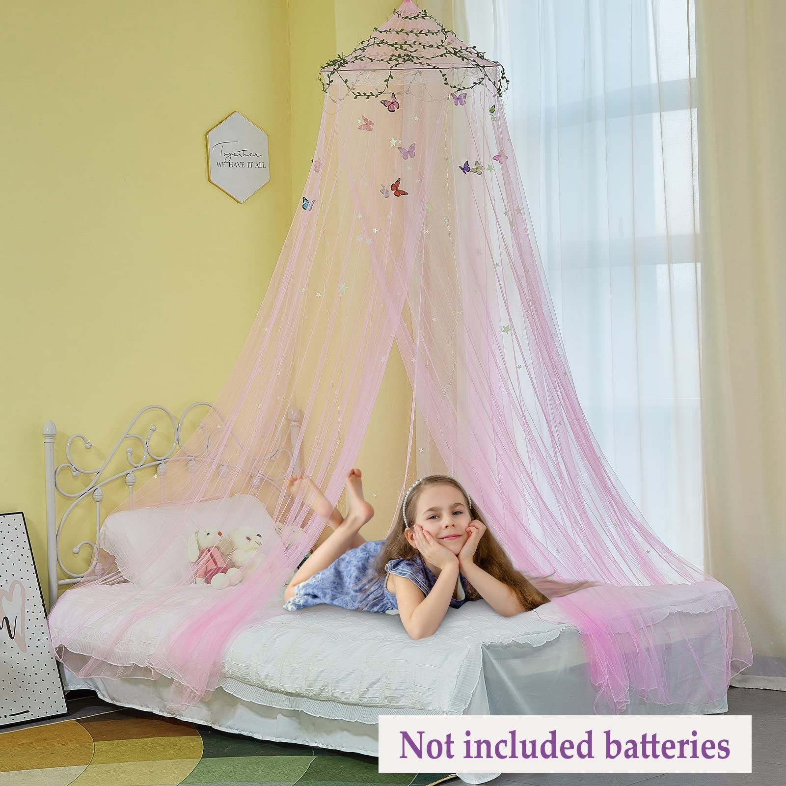 FIOBEE Bed Canopy for Girls Room Bed Canopy Curtains with Led Lights Mosquito Net DIY Princess Room Décor with Stars Butterflies for Kids Bedroom, Hot Pink