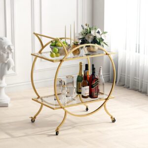 lormiter gold bar carts for the home bar serving cart, rolling bar cart gold with lockable caster wheels, glass bar carts with 2 mirrored shelves, storage round wine carts for kitchen, party