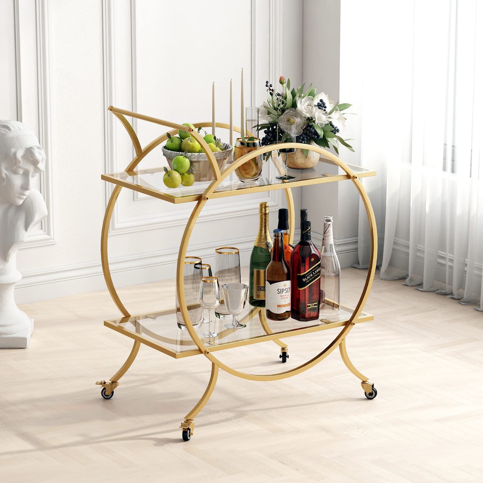 LORMITER Gold Bar Carts for The Home Bar Serving Cart, Rolling Bar Cart Gold with Lockable Caster Wheels, Glass Bar Carts with 2 Mirrored Shelves, Storage Round Wine Carts for Kitchen, Party