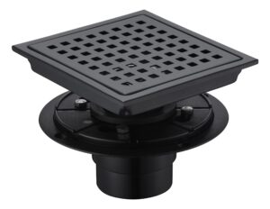 bihai 6 inch square shower drain with flange, 15cm matt black bathroom floor drain, quadrato pattern grate removable cover, bath drain, wall drain, stainless steel drain (mat black)