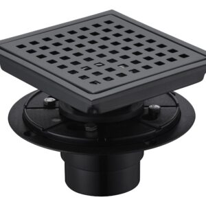 BIHAI 6 Inch Square Shower Drain with Flange, 15cm Matt Black Bathroom Floor Drain, Quadrato Pattern Grate Removable Cover, Bath Drain, Wall Drain, Stainless Steel Drain (Mat Black)