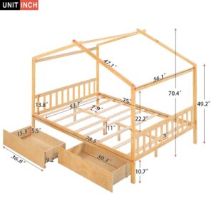 Harper & Bright Designs Full House Bed for Kids, Wooden Full Size House Bed Frame with Two Drawers, Full Storage Bed with Headboard and Footboard,Roof Design for Girls Boys, Natural