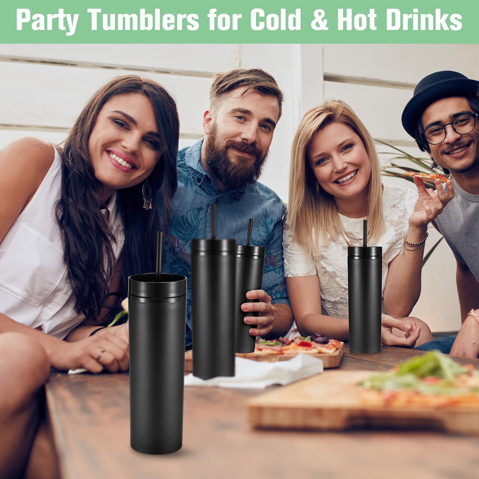 30 Pack Skinny Tumbler with Lids and Straws 16 oz Matte Colored Acrylic Tumblers Double Wall Plastic Tumbler Cups Skinny Travel Tumbler Reusable Cup for Parties Birthday Home Office (Black)