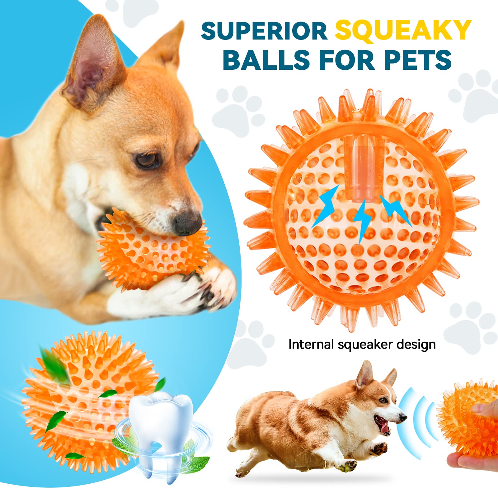 3.5” Large Dog Toys Ball, 6 Pack Squeaky Dog Toys, Durable Dog Toys for Aggressive Chewers, Spiky Dog Ball for Clean Teeth and Training, Fetch Toys for Large Dogs, Puppy Chew Toys for Teething