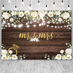 AIBIIN 7x5ft Mr & Mrs Backdrop for Wedding Bridal Shower Rustic Wooden White Flowers Photography Background Wedding Bachelorette Party Decirations Banner Photo Booth Props