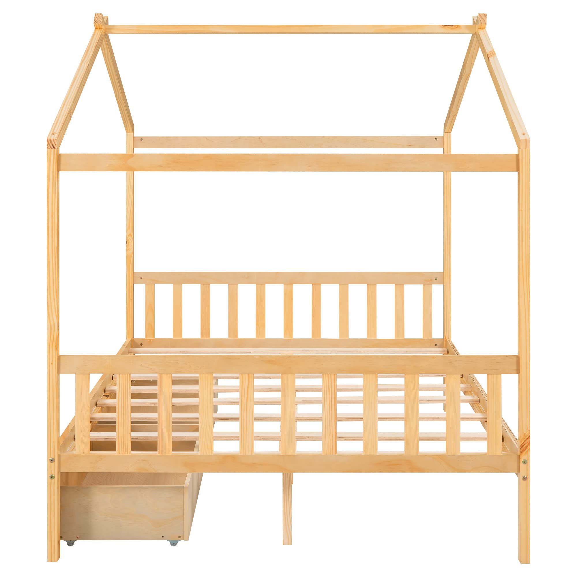 Harper & Bright Designs Full House Bed for Kids, Wooden Full Size House Bed Frame with Two Drawers, Full Storage Bed with Headboard and Footboard,Roof Design for Girls Boys, Natural