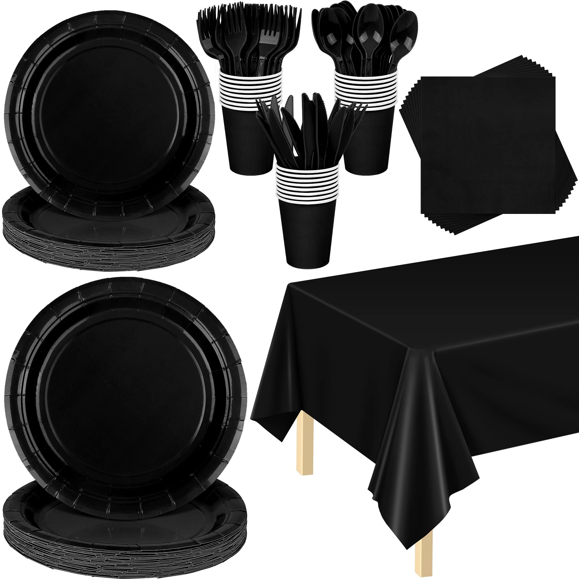 ADXCO 169 Pieces Black Party Supplies Include Black Plates and Cups Paper Napkins Plastic Forks Knives Spoons Tablecloth Serve 24 Guests for Wedding Birthday Party Decorations