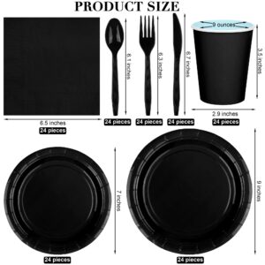 ADXCO 169 Pieces Black Party Supplies Include Black Plates and Cups Paper Napkins Plastic Forks Knives Spoons Tablecloth Serve 24 Guests for Wedding Birthday Party Decorations