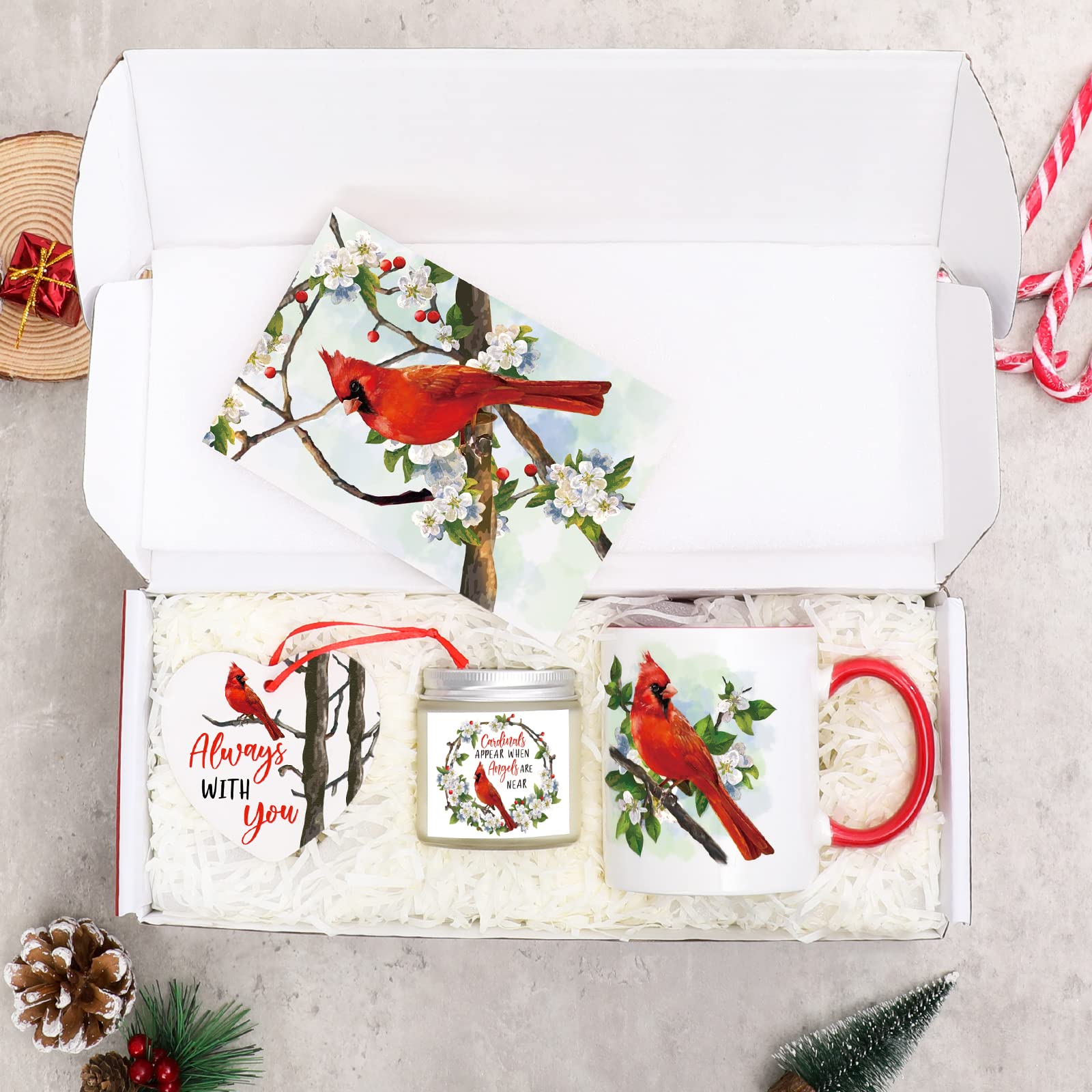 Cardinal Gift Set Christmas Red Bird Present Box Cardinal Mug Soy Candle Card Ceramic Hanging Cardinal Decor Memorial Gift Xmas Winter Holiday Always with You Sympathy Gift Basket for Bird Lover