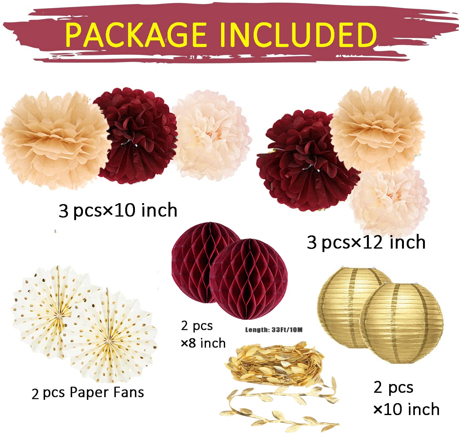 Burgundy Gold Birthday Party Decorations Women/Fall Bridal Shower Decorations Maroon Gold//Maroon Gold Bachelorette Party Decorations Gold Leaves Leaf Ribbon/Burgundy Gold Wedding