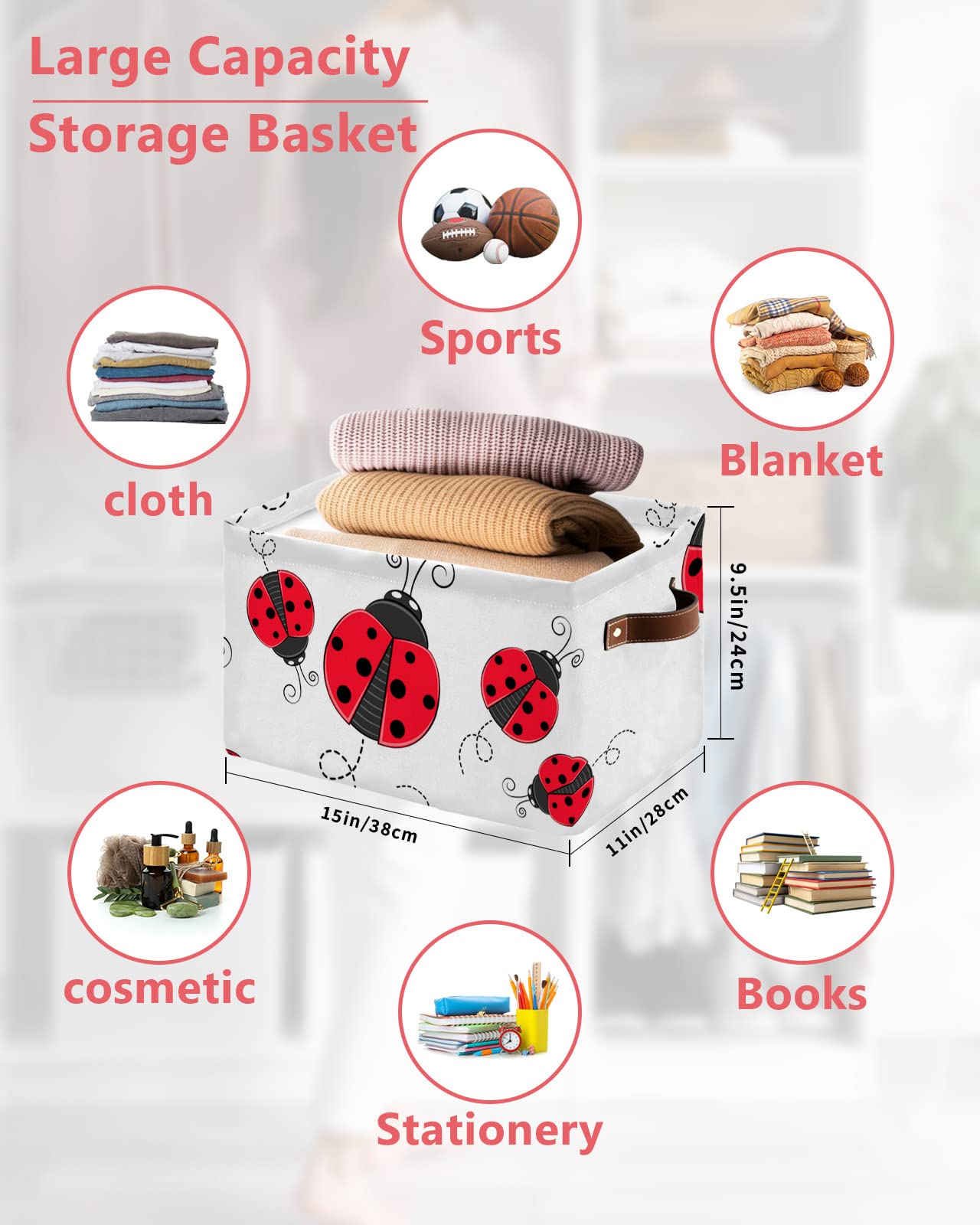 Lady-bugs Cube Storage Organizer Bins with Handles, 15x11x9.5 Inch Collapsible Canvas Cloth Fabric Storage Basket, Red Minimalistic Abstract White Books Bin Boxes for Shelves, Closet