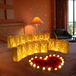 Coume 2051 Pcs Proposal Decorations Kit 15 Will You Marry Me Sign Luminary Paper Bags 2000 Rose Petals 36 Heart Flameless Candles with USB Romantic Night Light for Proposal Wedding Party(Warm White)