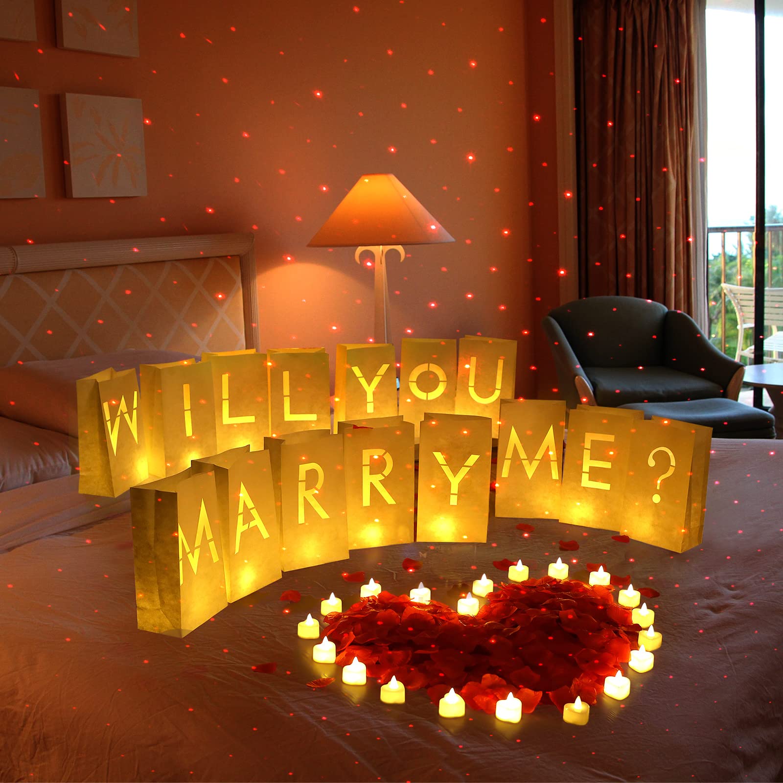 Coume 2051 Pcs Proposal Decorations Kit 15 Will You Marry Me Sign Luminary Paper Bags 2000 Rose Petals 36 Heart Flameless Candles with USB Romantic Night Light for Proposal Wedding Party(Warm White)