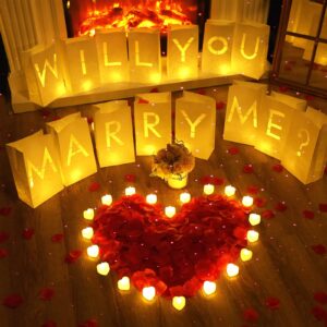 Coume 2051 Pcs Proposal Decorations Kit 15 Will You Marry Me Sign Luminary Paper Bags 2000 Rose Petals 36 Heart Flameless Candles with USB Romantic Night Light for Proposal Wedding Party(Warm White)