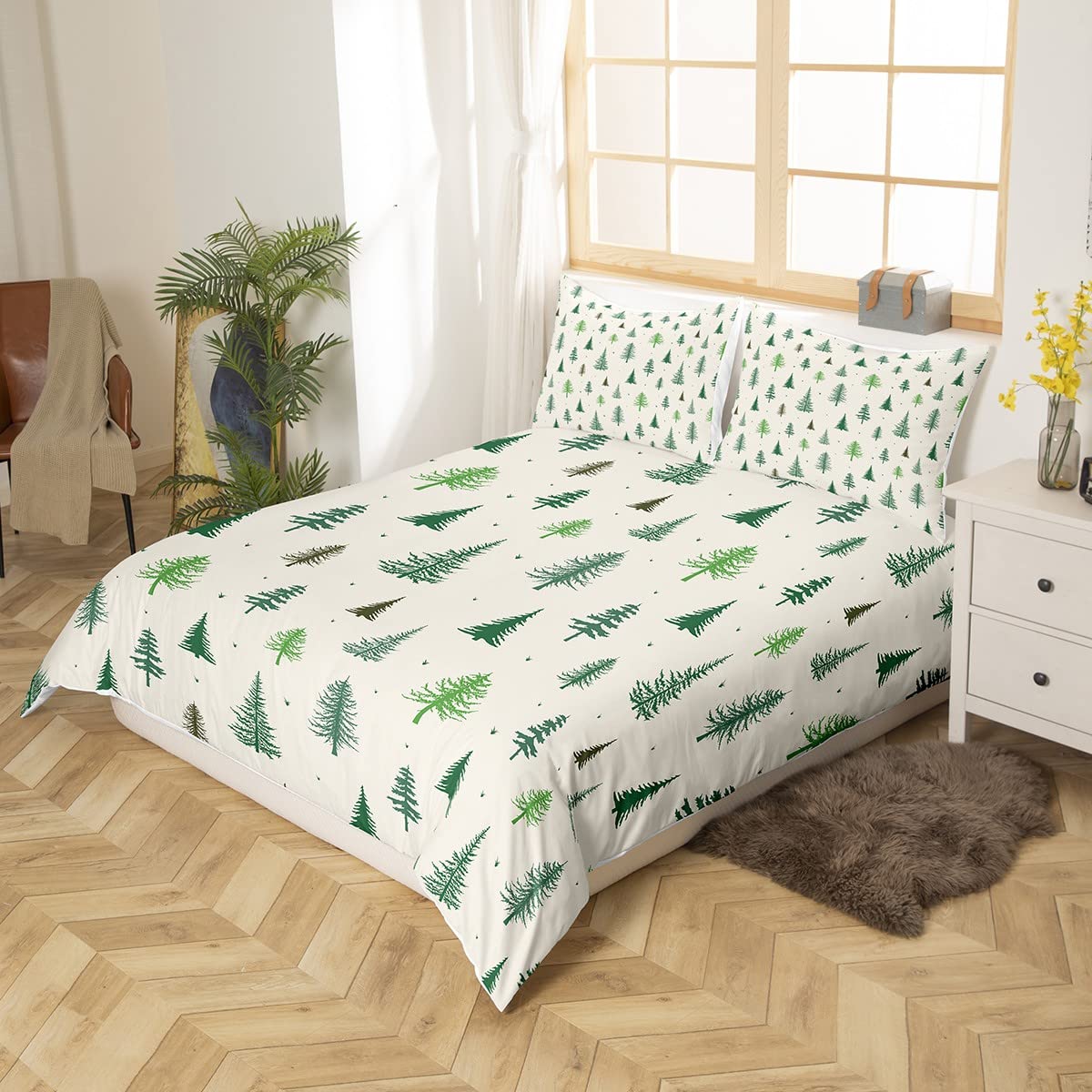 Castle Fairy Christmas Tree Duvet Cover Set Queen Size,Green Pine Bedding Set 3pcs for Kids Teens Girls Boys Room Decor,Nature Plants Comforter Cover Soft Microfiber Quilt Cover with 2 Pillowcases