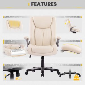 COLAMY Big and Tall Office Chair 400lbs, Large Heavy Duty High Back Executive Computer Office Desk Chair Flip-up Arms Wide Thick Seat for Home Office, Ivory