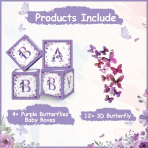 GOGOPARTY Purple Butterfly Floral Baby Shower Boxes Decorations - 4 Baby Shower Centerpiece Boxes Gender Reveal First Birthday Centerpiece Decors (Without Flowers)