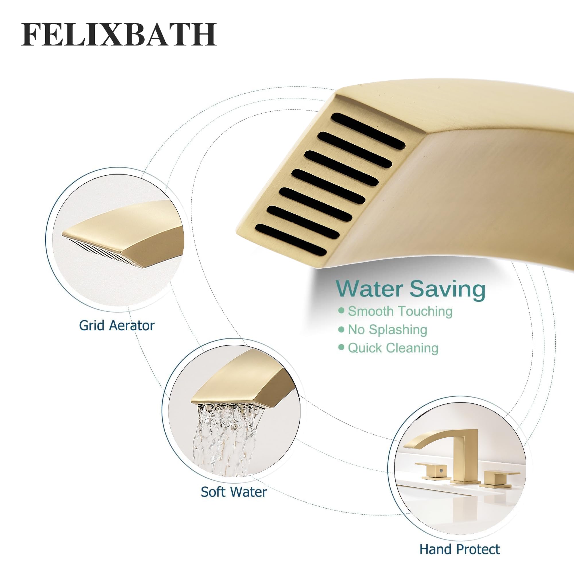 FELIXBATH Waterfall Bathroom Sink Faucet, 3 Holes Two Handles Bathroom Faucet with Pop Up Drain and 2 Water Supply Lines, 8 inch Widespread Bathroom Sink Faucet Brushed Gold